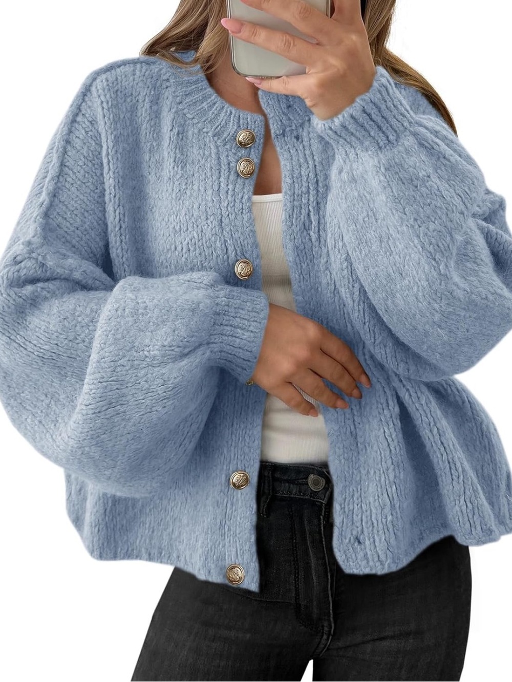 New Saodimallsu Oversized Cardigan Lantern Sleeve Button Down Blue $39.99 - Picture 2 of 8